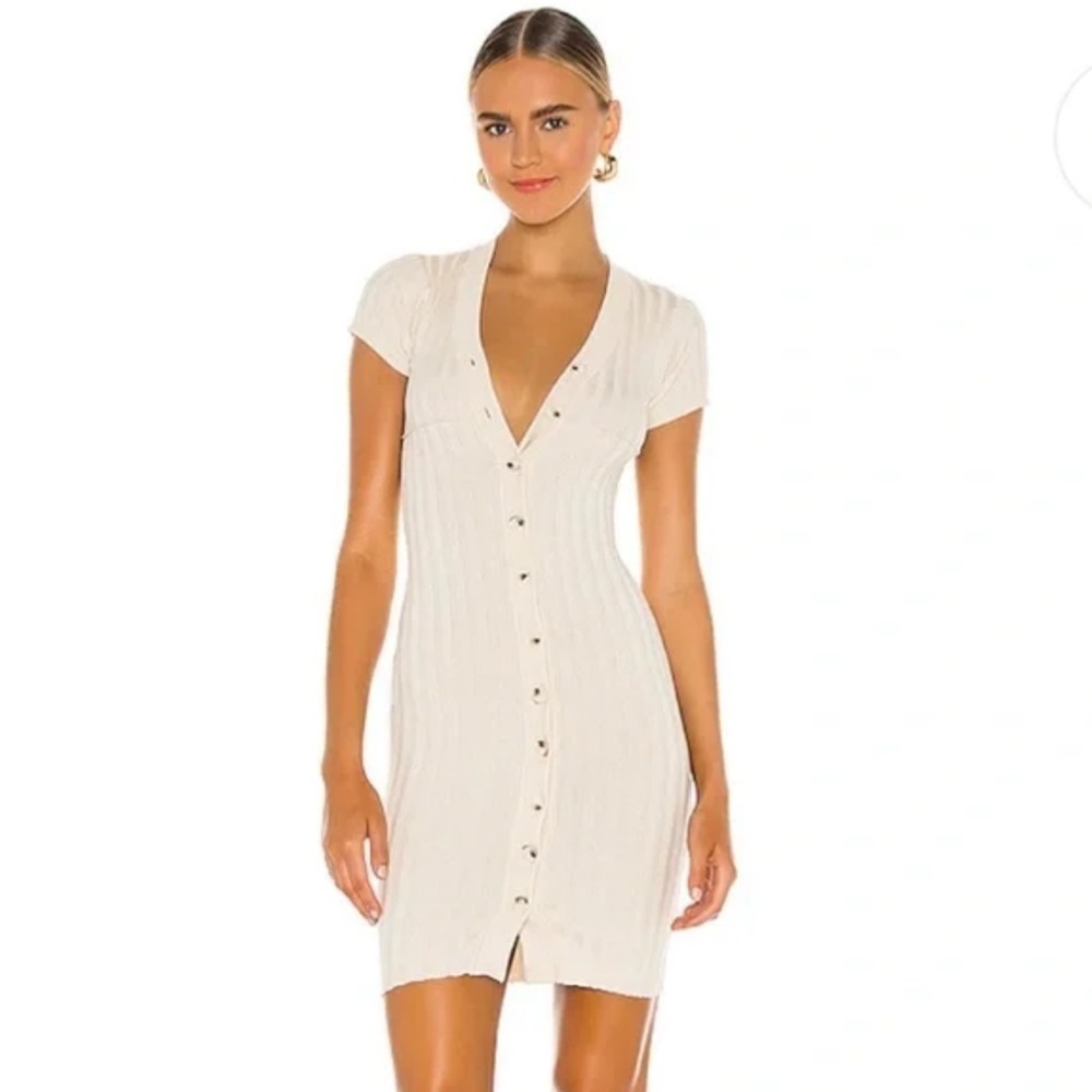 SNDYS. Nevada Ribbed Knit Button Down Bodycon Mini Dress in Cream Size Large - Picture 4 of 8